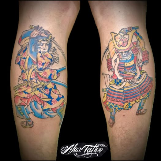 Polpacci: due samurai in stile ukiyo-e a colori